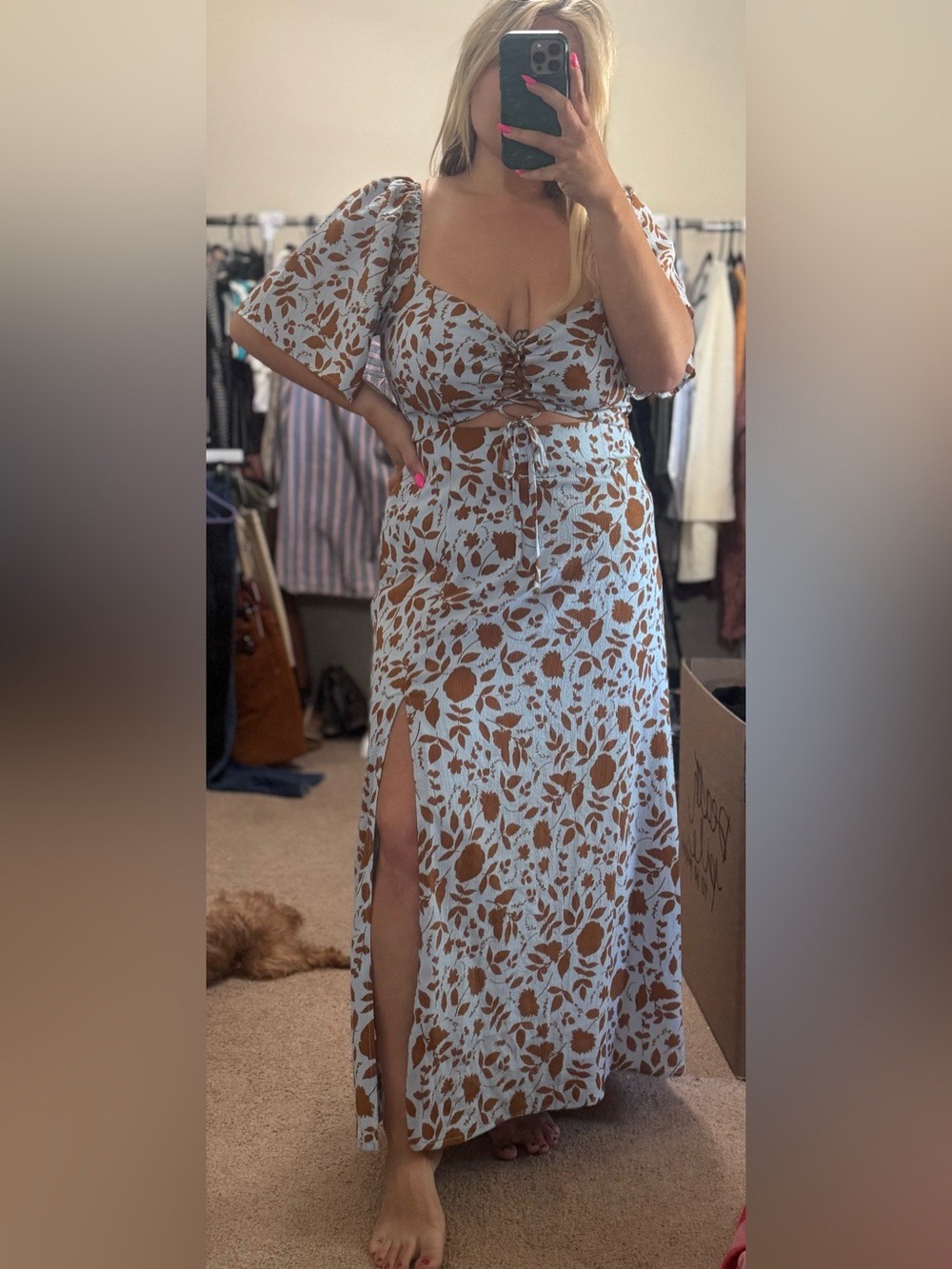 Astr Floral Tie-Front Maxi Dress in Light Blue and Brown